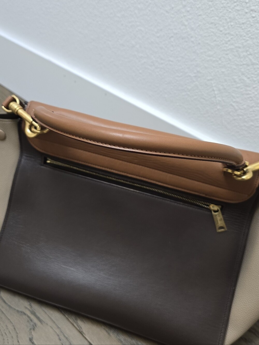 Celene Tricolor Medium Trapeze Luggage Satchel in Cognac Brown Tan - Picture 11 of 14